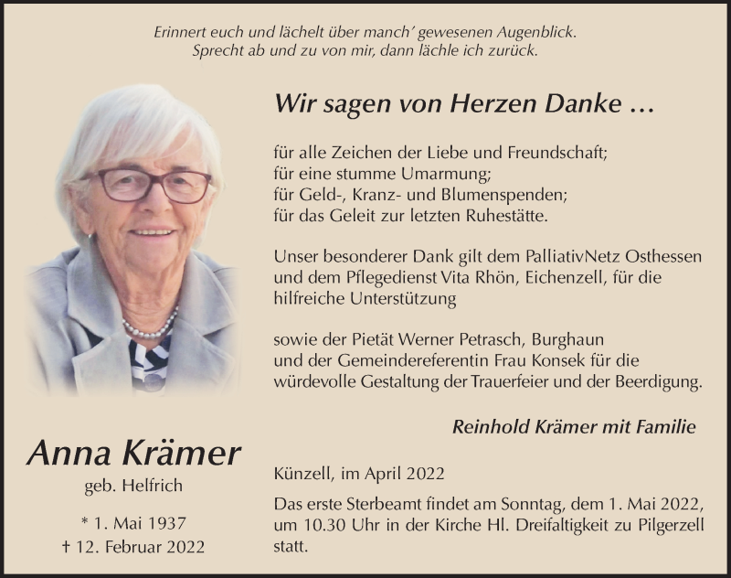  Traueranzeige für Anna Krämer vom 27.04.2022 aus FZ