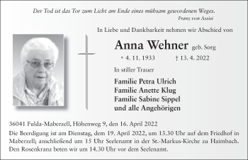 Traueranzeige von Anna Wehner von FZ