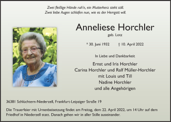 Traueranzeige von Anneliese Horchler von FZ