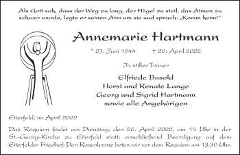 Traueranzeige von Annemarie Hartmann von FZ