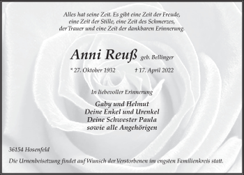 Traueranzeige von Anni Reuß von FZ