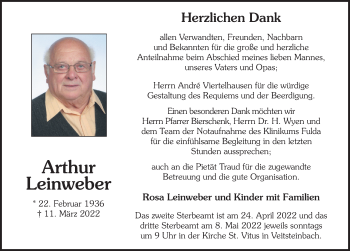 Traueranzeige von Arthur Leinweber von FZ