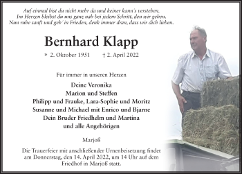 Traueranzeige von Bernhard Klapp von FZ