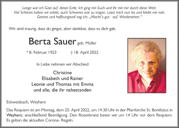 Traueranzeige von Berta Sauer von FZ
