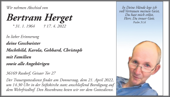 Traueranzeige von Bertram Herget von FZ