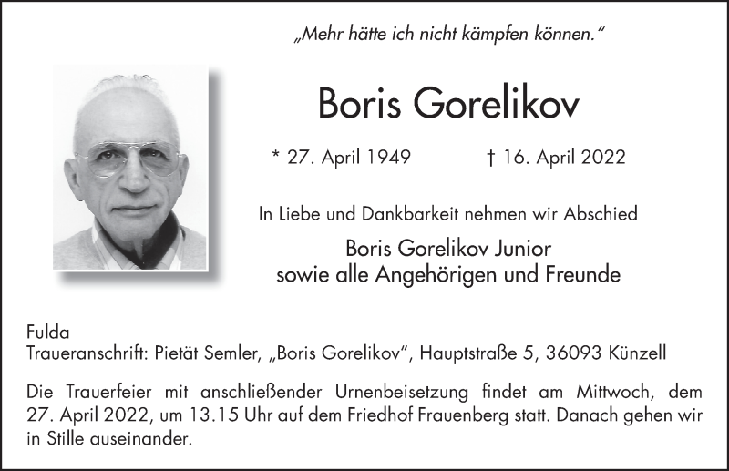  Traueranzeige für Boris Gorelikov vom 23.04.2022 aus FZ