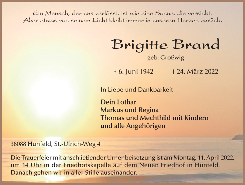  Traueranzeige für Brigitte Brand vom 05.04.2022 aus FZ