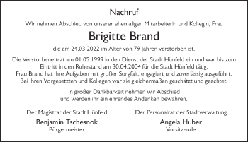 Traueranzeige von Brigitte Brand von FZ