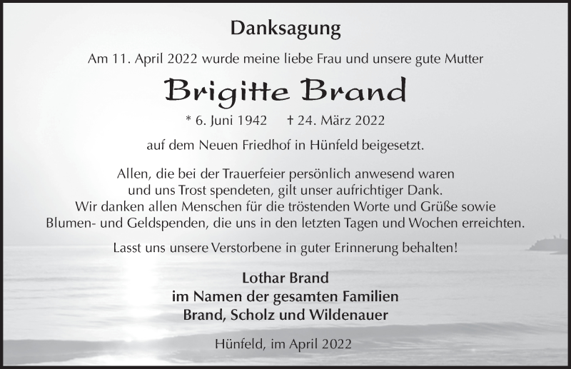  Traueranzeige für Brigitte Brand vom 30.04.2022 aus FZ