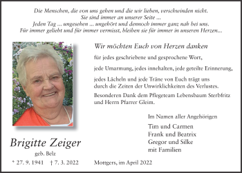 Traueranzeige von Brigitte Zeiger von FZ
