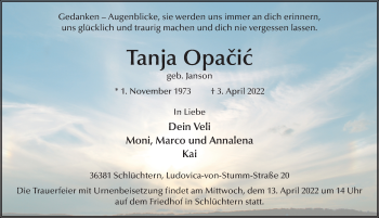 Traueranzeige von Tanja Opacic von FZ