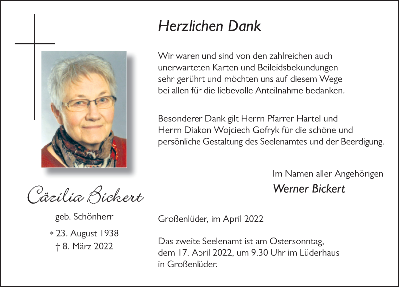  Traueranzeige für Cäzilia Bickert vom 14.04.2022 aus FZ