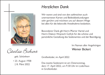 Traueranzeige von Cäzilia Bickert von FZ