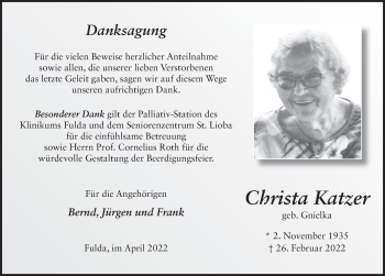 Traueranzeige von Christa Katzer von FZ