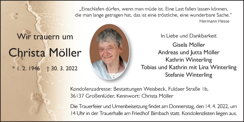 Traueranzeige für Christa Möller vom 09.04.2022 aus FZ