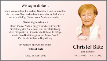 Traueranzeige von Christel Bätz von FZ