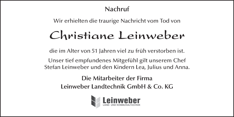  Traueranzeige für Christiane Leinweber vom 28.04.2022 aus FZ