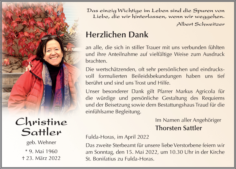  Traueranzeige für Christine Sattler vom 23.04.2022 aus FZ