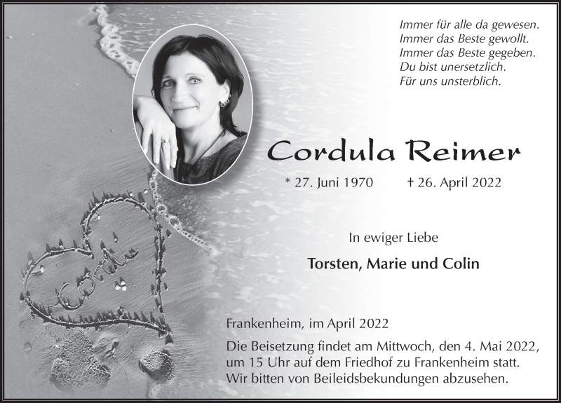  Traueranzeige für Cordula Reimer vom 30.04.2022 aus FZ