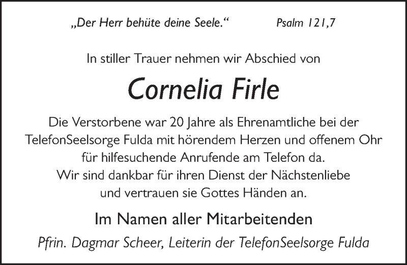  Traueranzeige für Cornelia Firle vom 14.04.2022 aus FZ