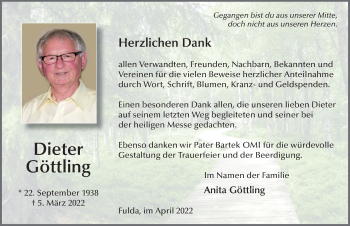Traueranzeige von Dieter Göttling von FZ