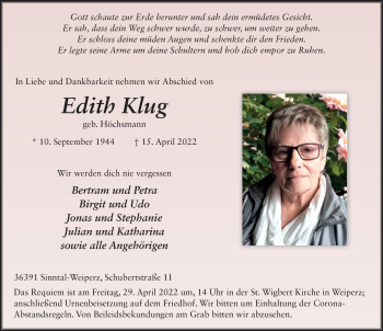Traueranzeige von Edith Klug von FZ