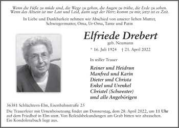 Traueranzeige von Elfriede Drebert von FZ