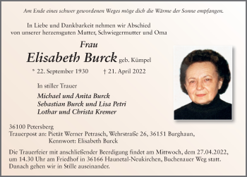 Traueranzeige von Elisabeth Burck von FZ