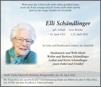 Traueranzeige von Elli Schändlinger von FZ