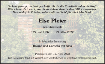 Traueranzeige von Else Pleier von FZ