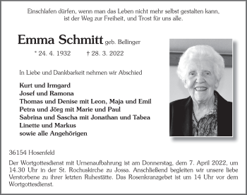 Traueranzeige von Emma Schmitt von FZ