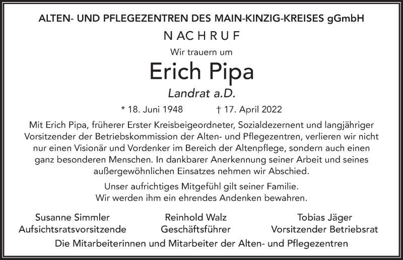  Traueranzeige für Erich Pipa vom 26.04.2022 aus FZ