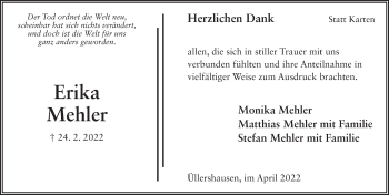 Traueranzeige von Erika Mehler von FZ