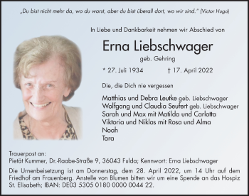 Traueranzeige von Erna Liebschwager von FZ