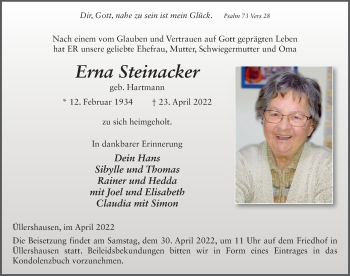 Traueranzeige von Erna Steinacker von FZ