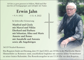 Traueranzeige von Erwin Jahn von FZ