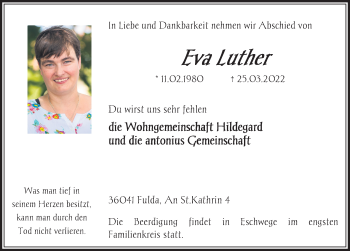 Traueranzeige von Eva Luther von FZ