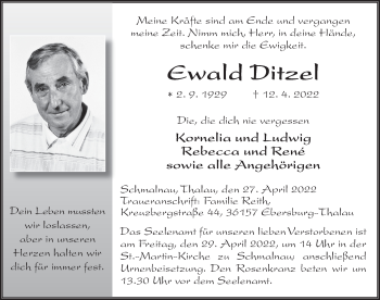 Traueranzeige von Ewald Ditzel von FZ