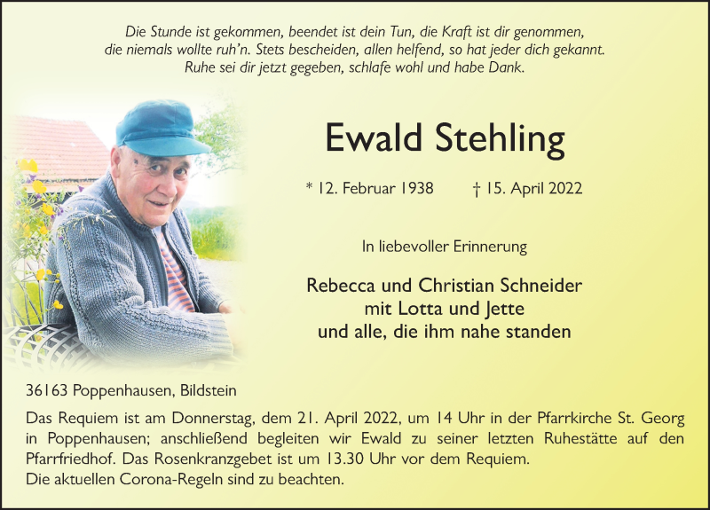  Traueranzeige für Ewald Stehling vom 20.04.2022 aus FZ
