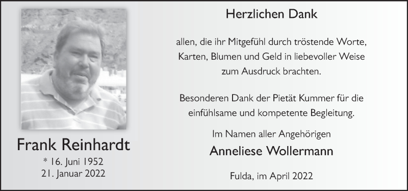  Traueranzeige für Frank Reinhardt vom 08.04.2022 aus FZ