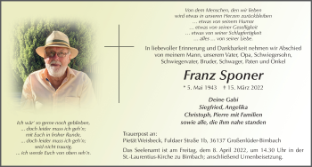 Traueranzeige von Franz Sponer von FZ