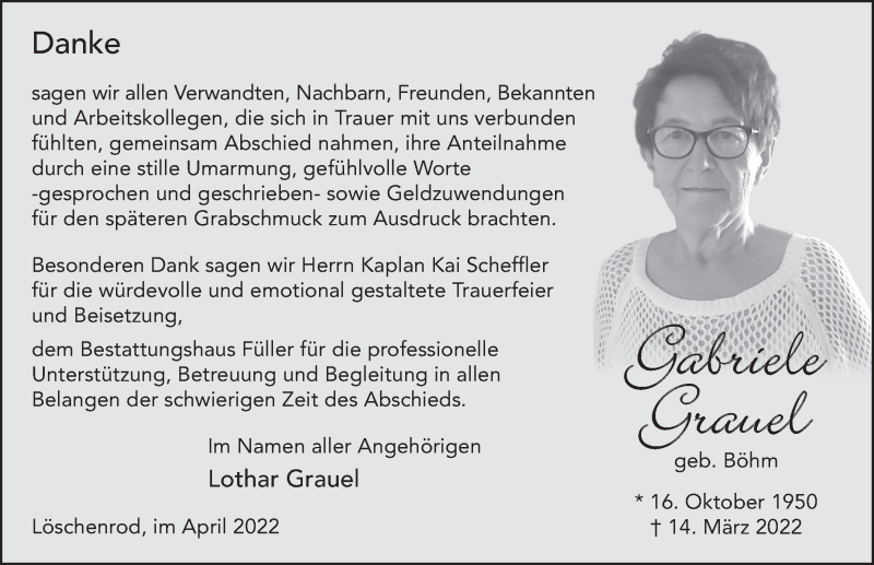  Traueranzeige für Gabriele Grauel vom 29.04.2022 aus FZ