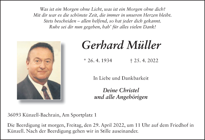  Traueranzeige für Gerhard Müller vom 28.04.2022 aus FZ