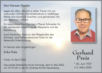 Traueranzeige von Gerhard Preis von FZ