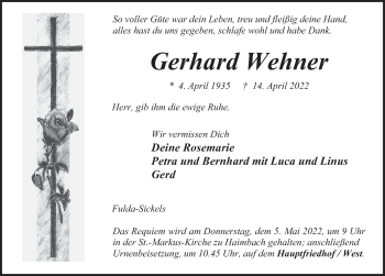 Traueranzeige von Gerhard Wehner von FZ