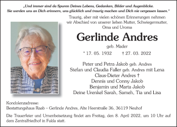 Traueranzeige von Gerlinde Andres von FZ