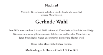 Traueranzeige von Gerlinde Wahl von FZ
