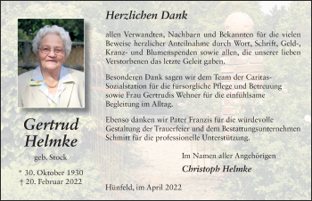 Traueranzeige von Gertrud Helmke von FZ