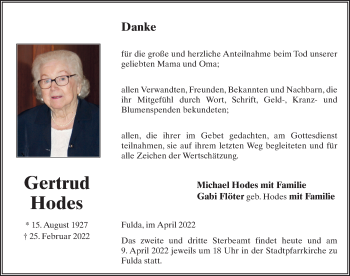 Traueranzeige von Gertrud Hodes von FZ