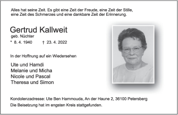 Traueranzeige von Gertrud Kallweit von FZ